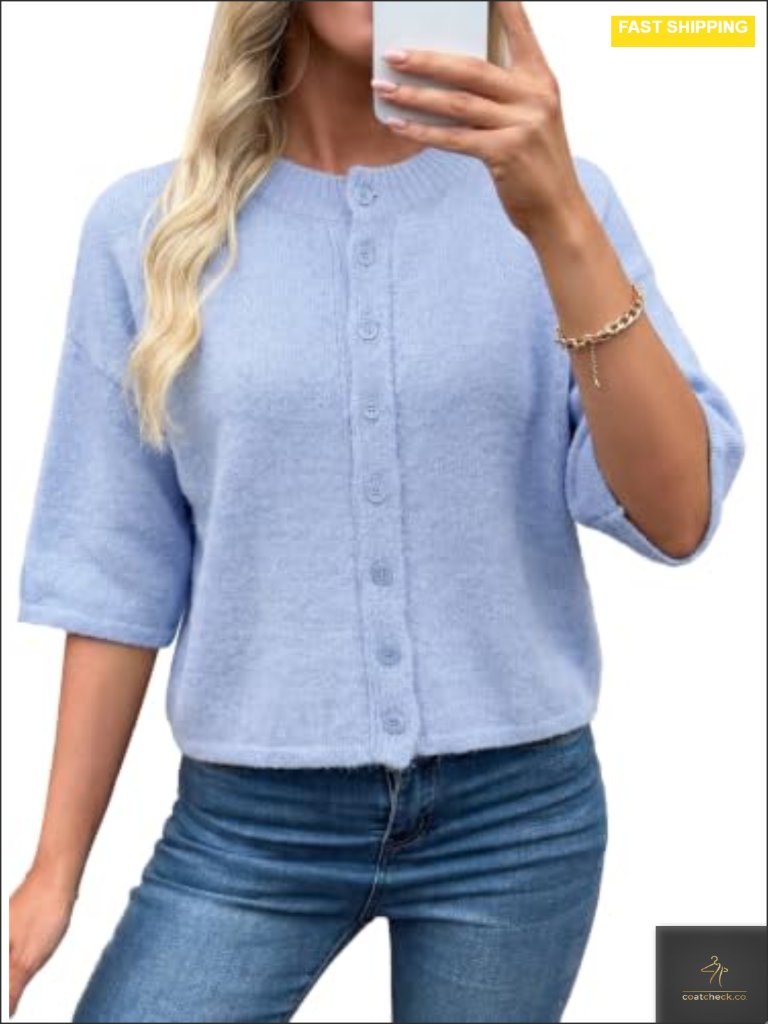 Lightweight 3/4 Sleeve Button Up Cardigan Soft Casual Drop Shoulder Knit